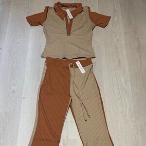 Cream and Tan Two Piece, Jumper, Stretchy, Boot Cut Flare
